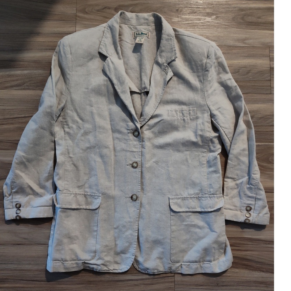 LL Bean Womens 12 Petite Linen Cotton Blazer Beige 3 Button Jacket V624